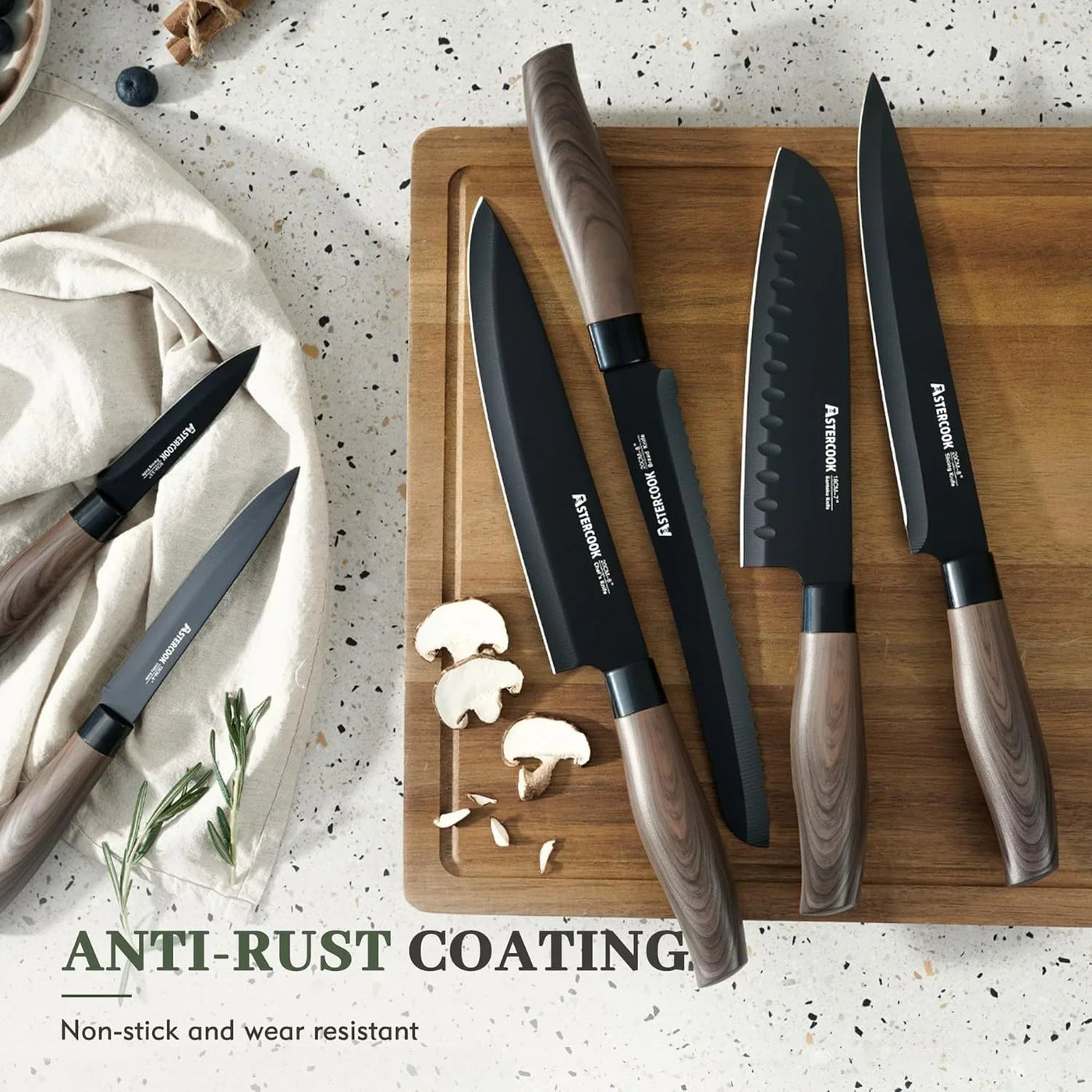 13-Piece Kitchen Knife Set with Black Anti-Rust Coating, Dishwasher Safe, Stainless Steel Chef Knives Set with 6 Blade Guards, Wood Grain Handle, Perfect Holiday & Housewarming Gifts