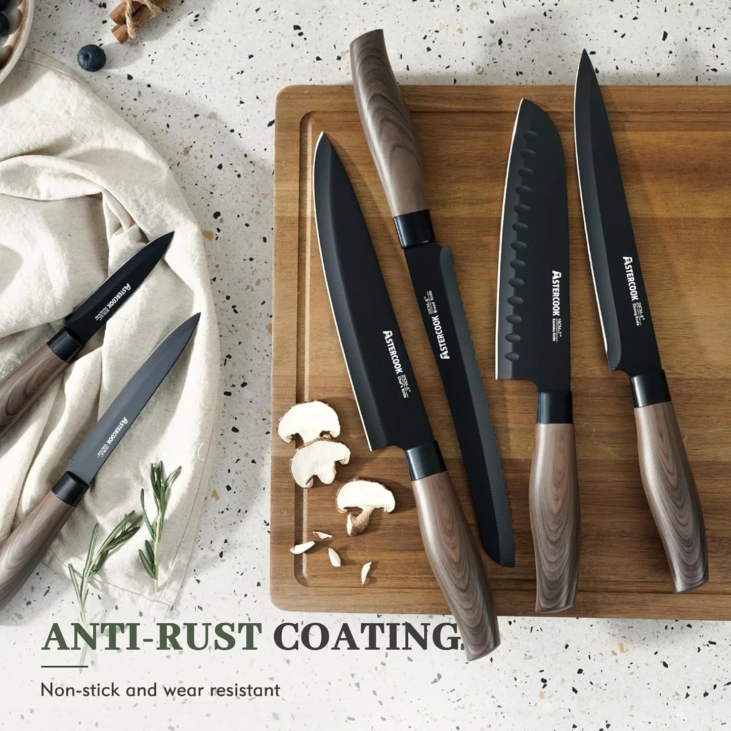13-Piece Kitchen Knife Set with Black Anti-Rust Coating, Dishwasher Safe, Stainless Steel Chef Knives Set with 6 Blade Guards, Wood Grain Handle, Perfect Holiday & Housewarming Gifts