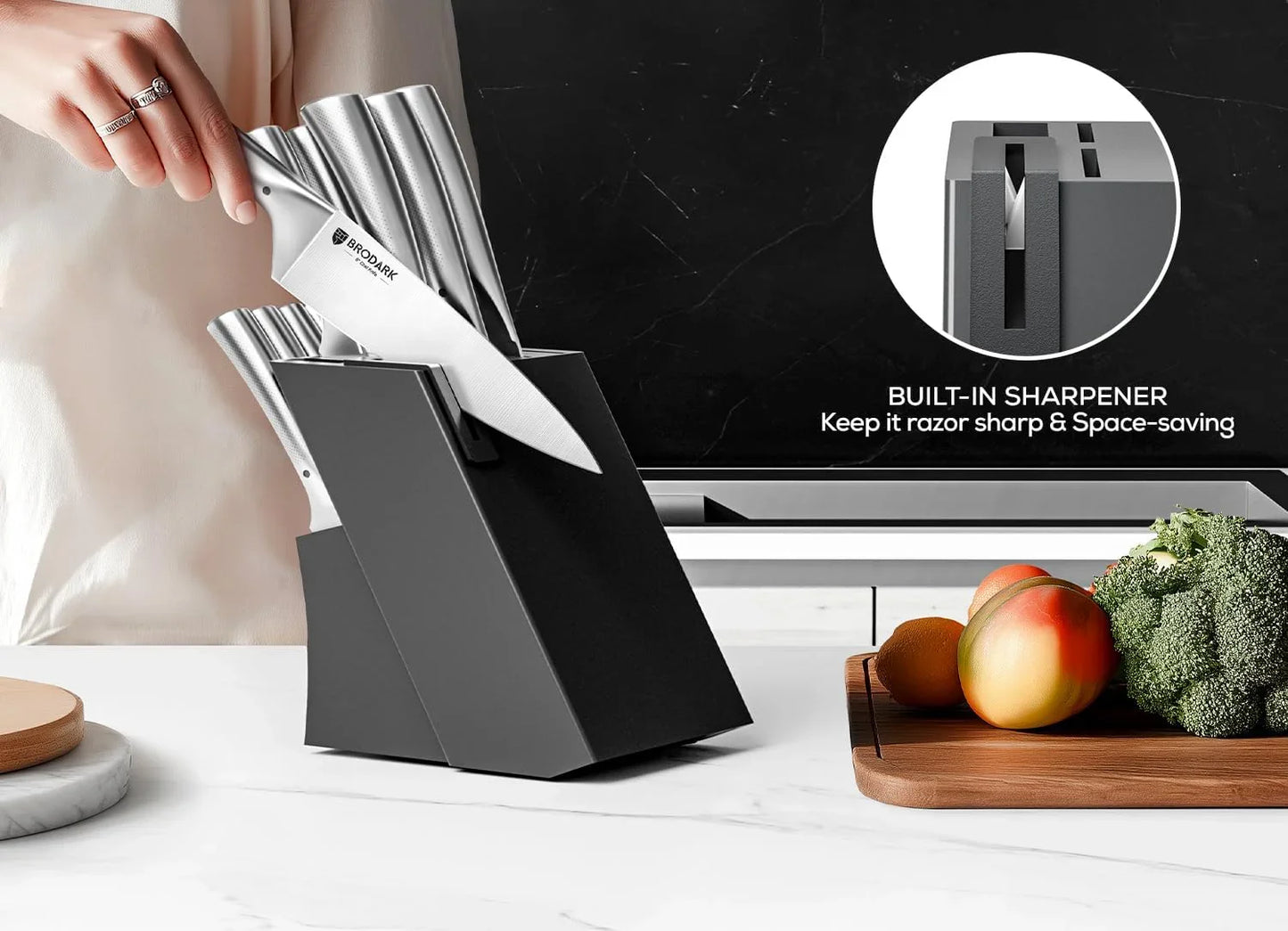 Knife Block Set: Kitchen Knives Set with Block and Sharpener, 15 Pcs Ultra Sharp Chef Knife, High Carbon Stainless Steel, Ergonomic Handle Non-Slip Grip, Silver Wolf Series with Gift Box