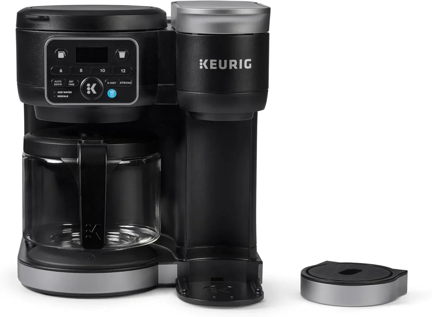 Keurig coffee maker with glass carafe and single-serve pod brewer for kitchen use