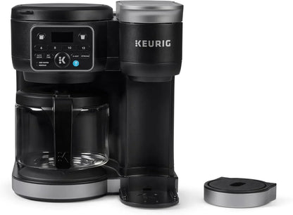 Keurig coffee maker with glass carafe and single-serve pod brewer for kitchen use