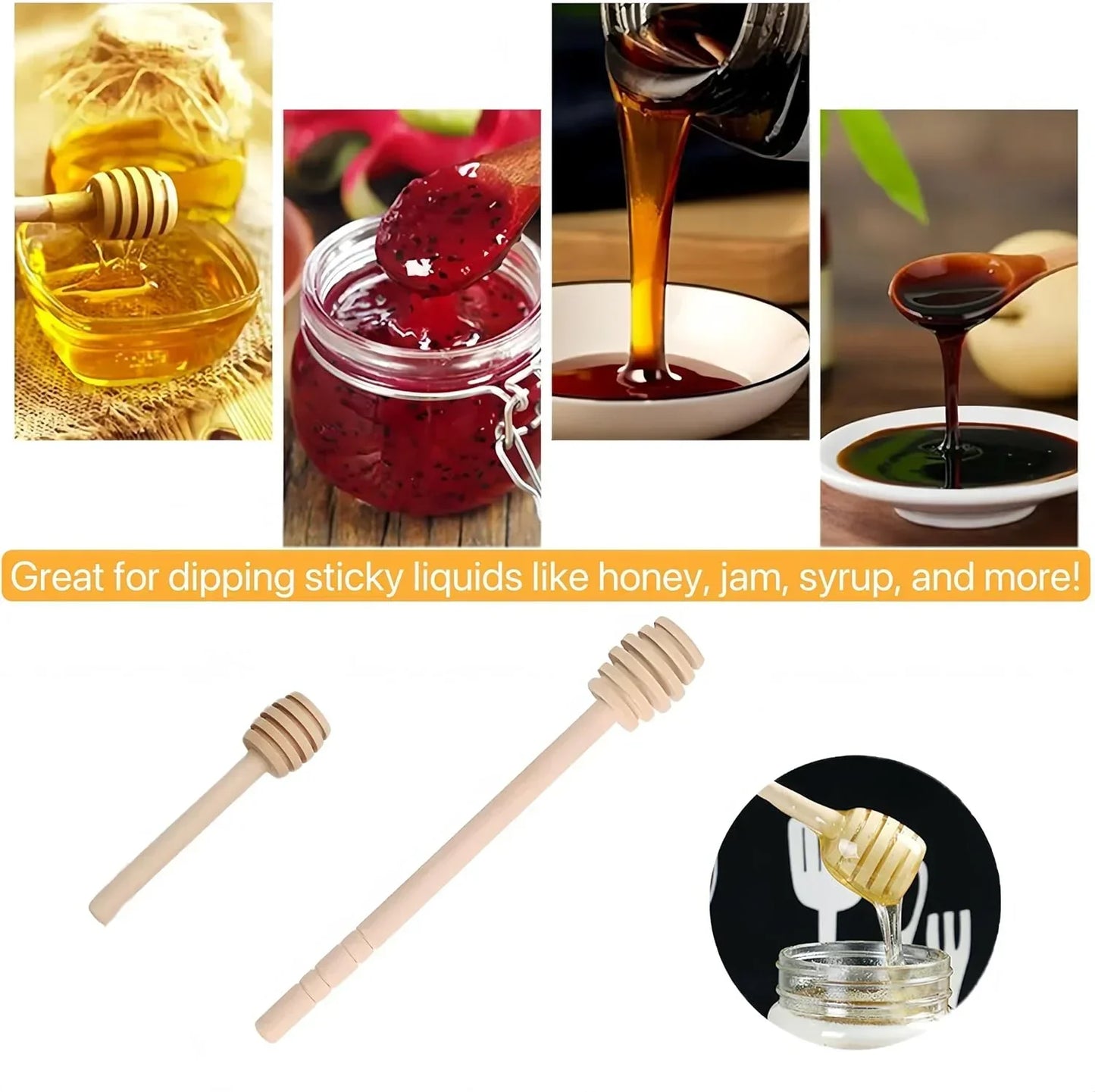 Wooden honey dipper for honey, jam, syrup, and sticky liquids