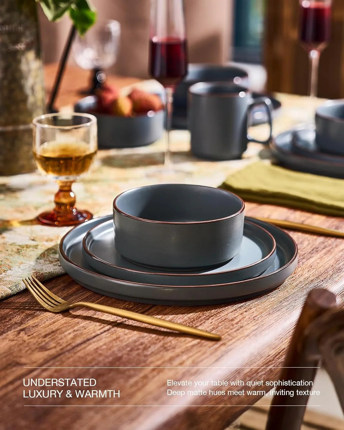 Nebula Ridge Stoneware Dinnerware Sets, Plates and Bowls Sets for 4, 12 Pieces Dishes Set, Microwave and Dishwasher Safe Kitchen Plates, Charcoal