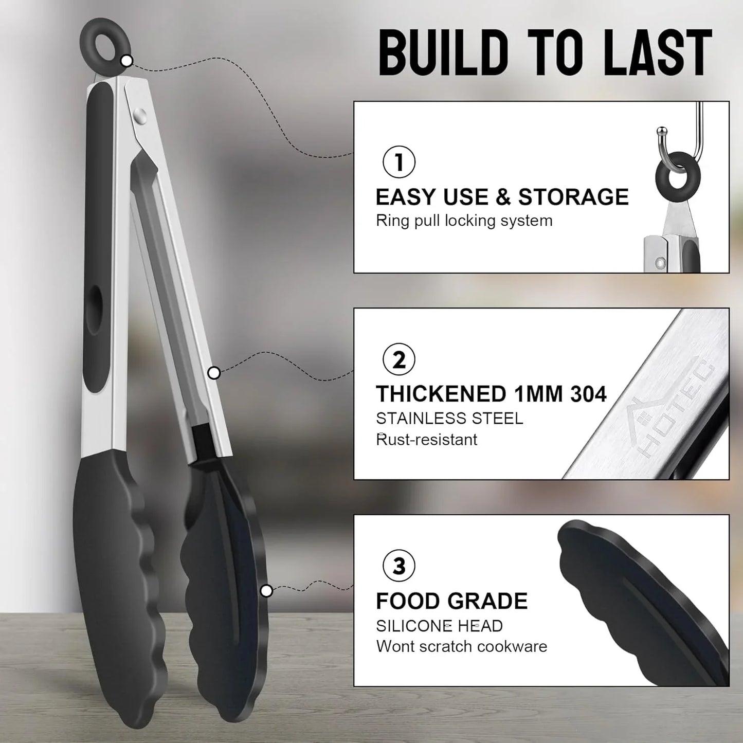 Premium Stainless Steel Locking Kitchen Tongs with Silicon Tips, Heat Resistant Cooking Tongs Set of 3-7", 9" and 12" (Black)
