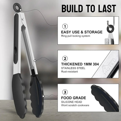 Premium Stainless Steel Locking Kitchen Tongs with Silicon Tips, Heat Resistant Cooking Tongs Set of 3-7", 9" and 12" (Black)