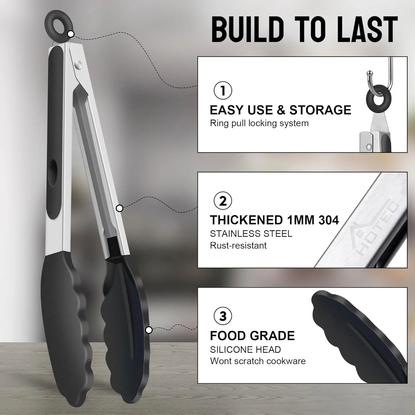 Premium Stainless Steel Locking Kitchen Tongs with Silicon Tips, Set of 2-9" and 12"