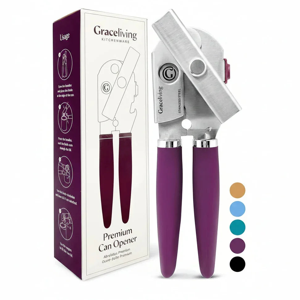 Purple-handled stainless steel can opener with packaging, kitchen tool for easy can opening
