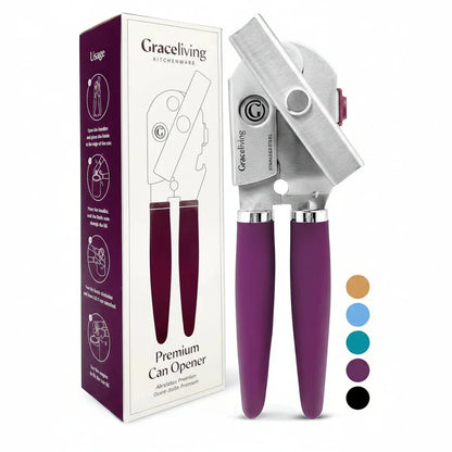 Purple-handled stainless steel can opener with packaging, kitchen tool for easy can opening