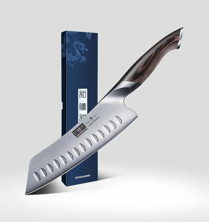Stainless steel chef knife with ergonomic wood handle and gift box, kitchen cutlery.