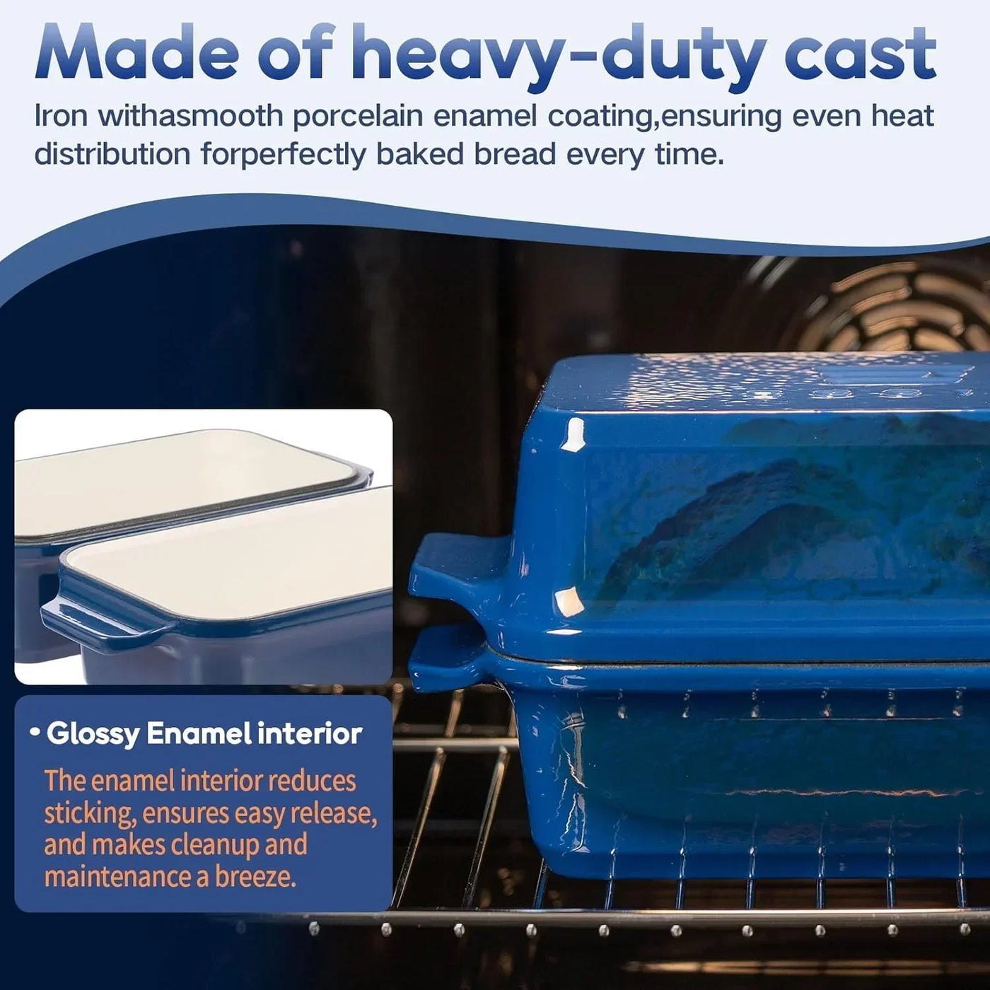 Blue heavy-duty cast iron bread baker with glossy enamel interior for even baking and easy cleanup