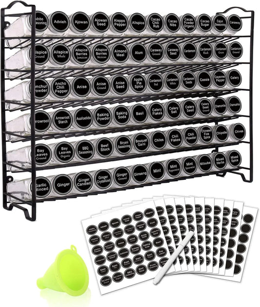 Spice Rack Organizer with 72 Empty Square Spice Jars, 340 Spice Labels with Chalk Marker and Funnel Complete Set,For Countertop,Cabinet or Wall Mount, Black
