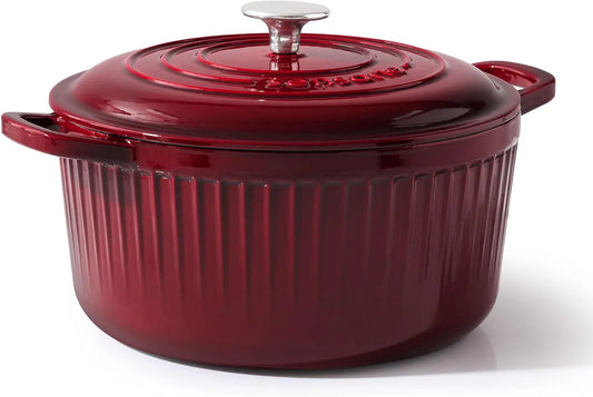 Enameled Cast Iron Dutch Oven Pot with Lid 5.5 Quart Heavy-Duty round Dual Handles Kitchen Pot with Cotton Potholders & Silicone Trivet, Pot for Bread Baking, Stews, Braising, Roasting, Oven Safe up to 500°F, Red