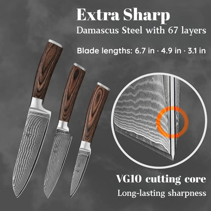 EDIB 3-Piece Damascus Kitchen Knife Set in Wooden Gift Box, Razor Sharp Genuine Damascus Steel (VG10 Core), Includes Santoku, Small Santoku and Paring Knife, Ergonomic Pakkawood Handle