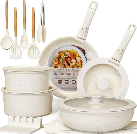 Ceramic Non-Stick Cookware 21 Pcs Pots and Pans Set, Detachable Handle, RV Kitchen Non Stick Cooking Set Removable Handles, Oven Safe, Induction Ready, Stackable, Cream White