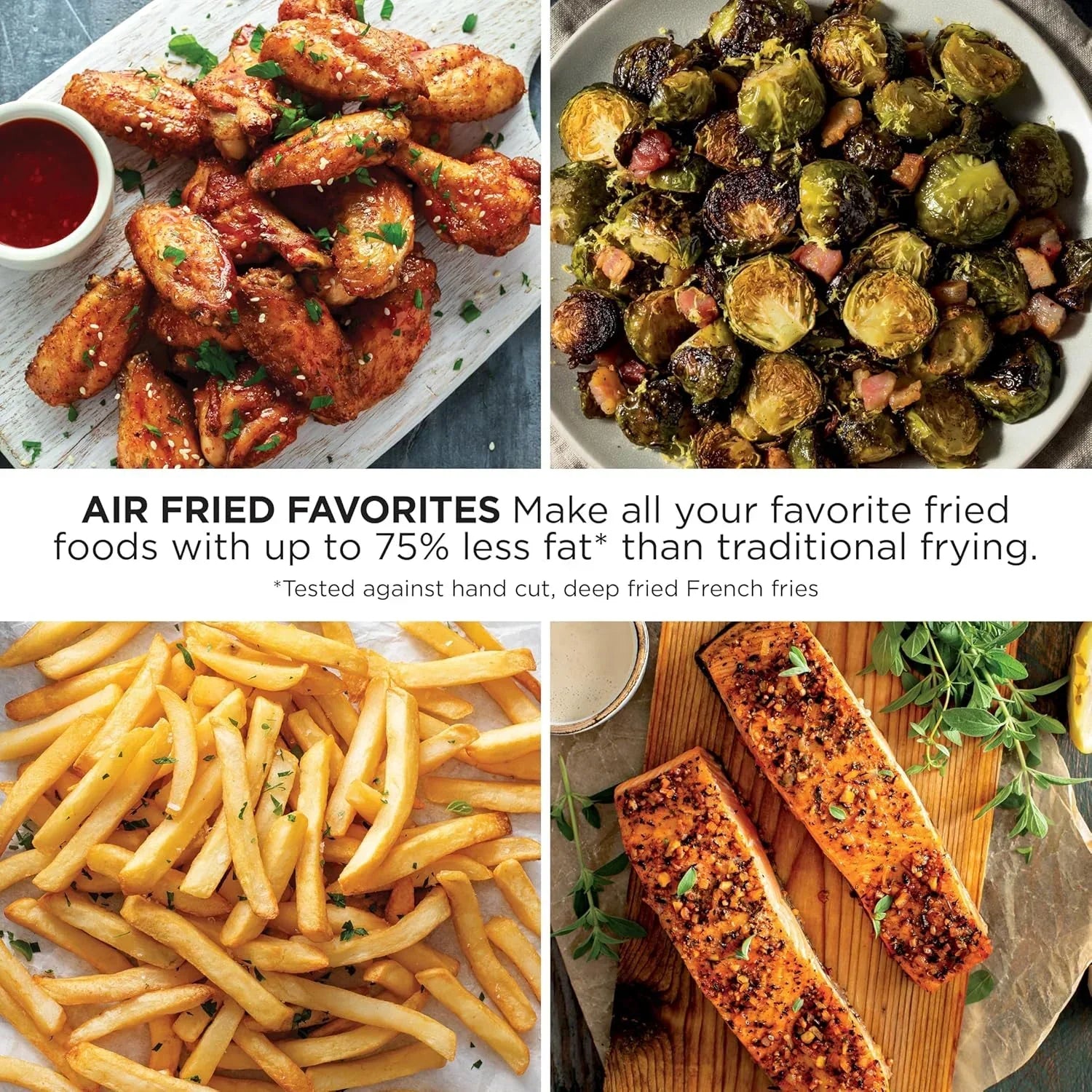 Air fried favorites: crispy wings, Brussels sprouts, fries, and salmon with herbs
