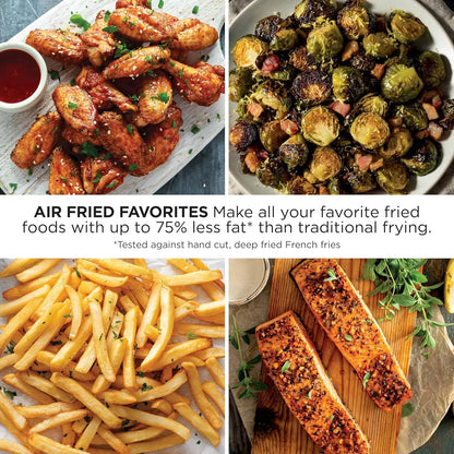 Air fried favorites: crispy wings, Brussels sprouts, fries, and salmon with herbs