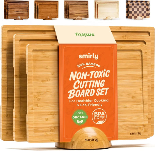Wooden Cutting Boards for Kitchen Meal Prep & Serving - Bamboo Cutting Board Set with Holder, Charcuterie & Chopping Board, Wood Cutting Board Set, Kitchen Gadgets