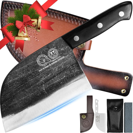 Authentic since 1986,Outstanding Ancient Forging,6.7 Inch Full Tang,Serbian Chefs Knife,Chef Meat Cleaver,Kitchen Knives,Set with Leather Sheath,Take Carrying,Butcher