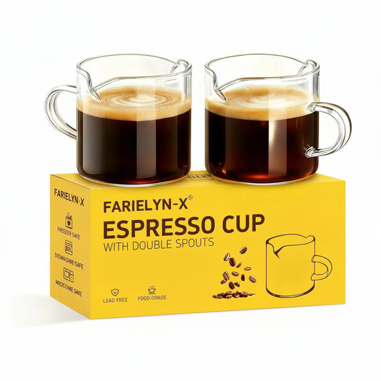 5 OZ Espresso Cups Set of 2, Double Spouts Cups, Shot Glasses, Milk Cup with Handle, Clear Glass, Espresso Accessories for Making Coffee Desserts Salad Dressing Machine (1 Ounce More than Others )