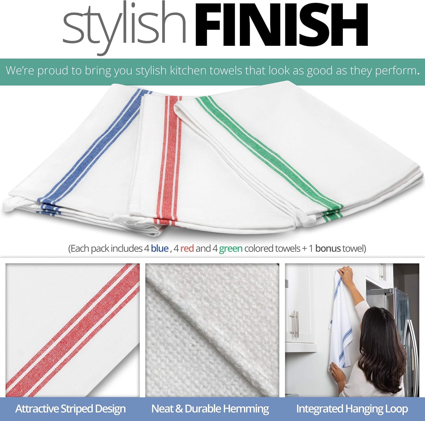 Dish Towels Set (13 Pack) for Kitchen Decor Super Absorbent 100% Natural Cotton Zero-Lint - 25.5 X 15.5 Inch (13-Pack Red, Green & Blue Stripes)