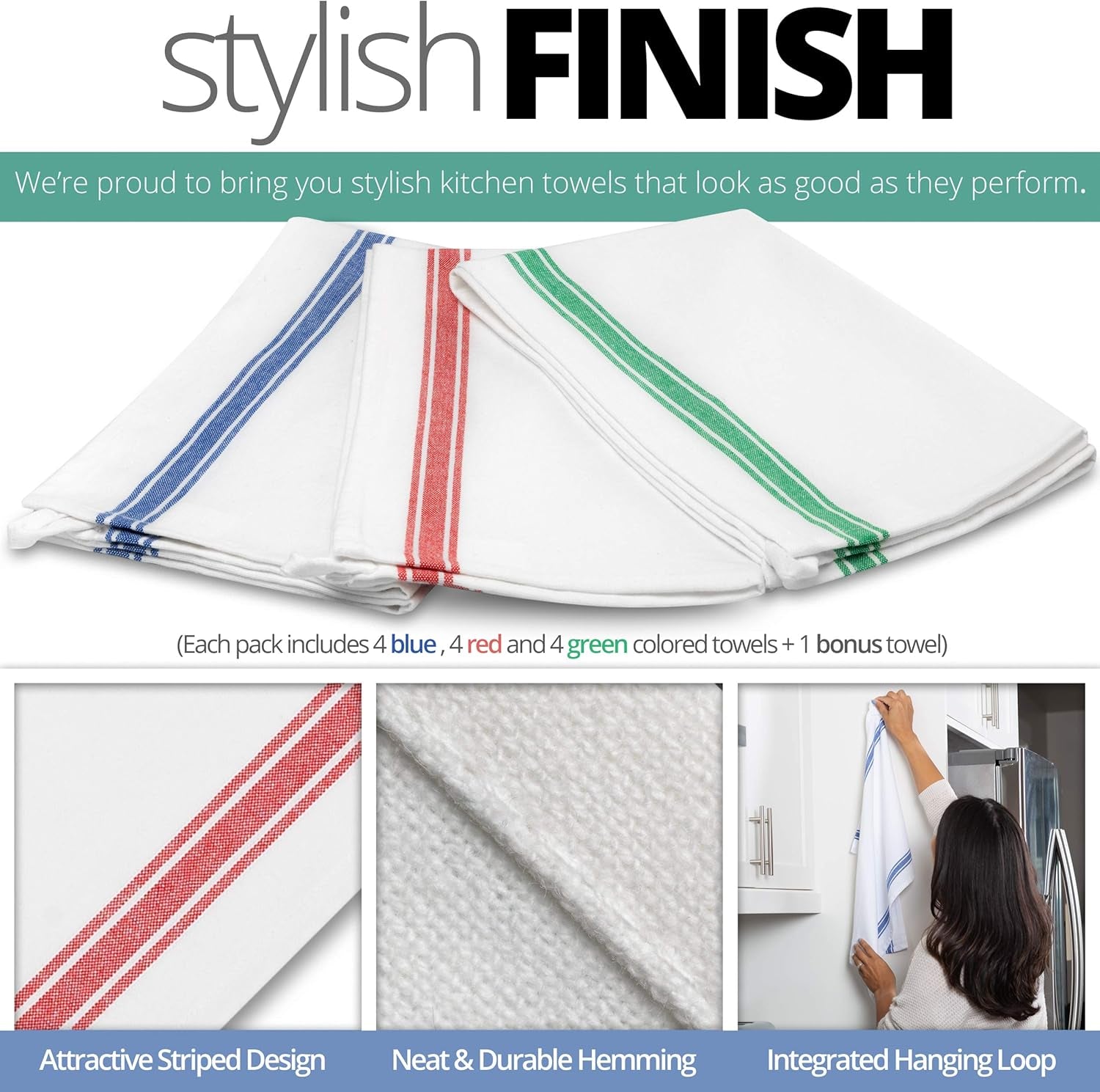 Dish Towels Set (13 Pack) for Kitchen Decor Super Absorbent 100% Natural Cotton Zero-Lint - 25.5 X 15.5 Inch (13-Pack Red, Green & Blue Stripes)