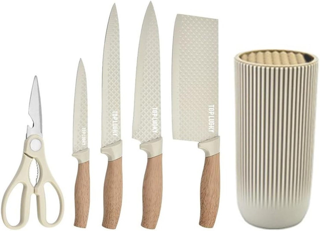 Knife Set,  6-Piece Khaki Kitchen Knife Set for Home, Anti-Rust Non-Stick Stainless Steel Sharp Chef Knife Sets with Universal Knife Block for Kitchen, Ergonomical Design (Khaki)