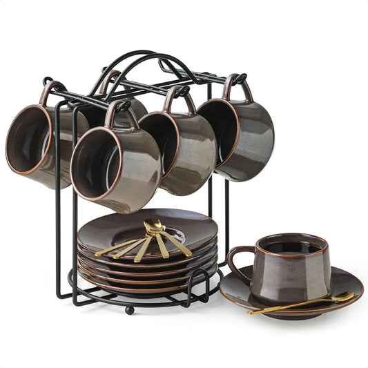 Espresso Cups 4 Oz, Porcelain Coffee Cups Set of 6 Espresso Cup with Saucers, Meatal Stand, and Stir Spoons, Brown Expresso Shots Cup