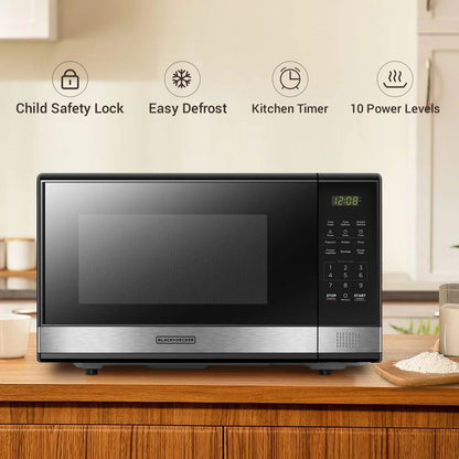EM031MB11 Digital Microwave Oven with Turntable Push-Button Door, Child Safety Lock, 1000W, 1.1Cu.Ft, Black & Stainless Steel, 1.1 Cu.Ft
