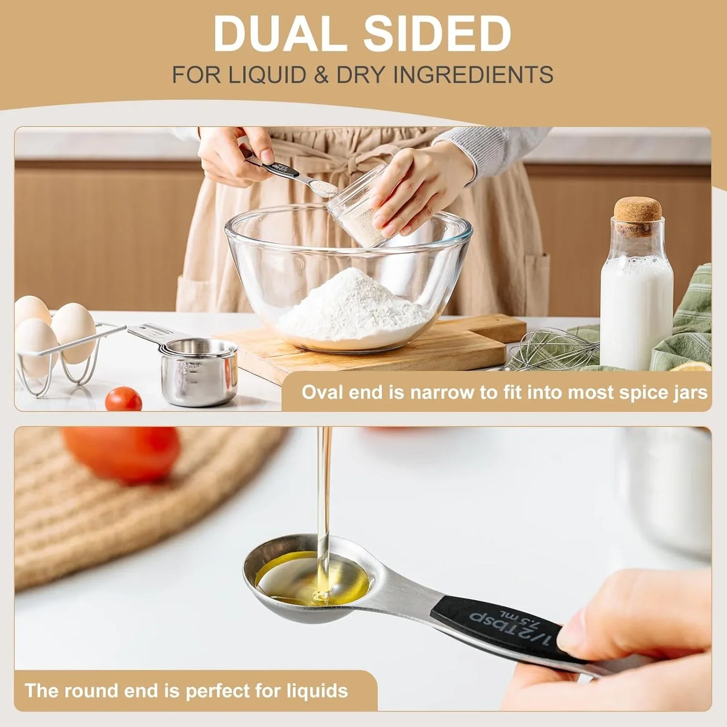 Stainless Steel Measuring Cups & Spoons Set,  Kitchen Tools Nesting Measuring Cups and Spoons, Fits in Spice Jars for Baking & Cooking, BPA Free, Set of 15 with Leveler, Black