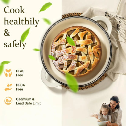 Enameled Cast Iron Dutch Oven - 7QT Pot with Lid Cookbook & Cotton Potholders - Heavy-Duty Cookware for Braising, Stews, Roasting, Sourdough Baking Cream White