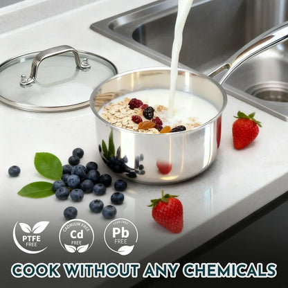 Stainless steel saucepan with oats, berries, and milk, PTFE-free and chemical-free cookware for healthy breakfast prep