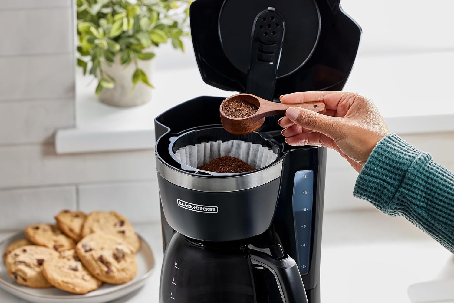 12-Cup Digital Coffee Maker, Programmable, Washable Basket Filter, Sneak-A-Cup, Auto Brew, Water Window, Keep Hot Plate, Black