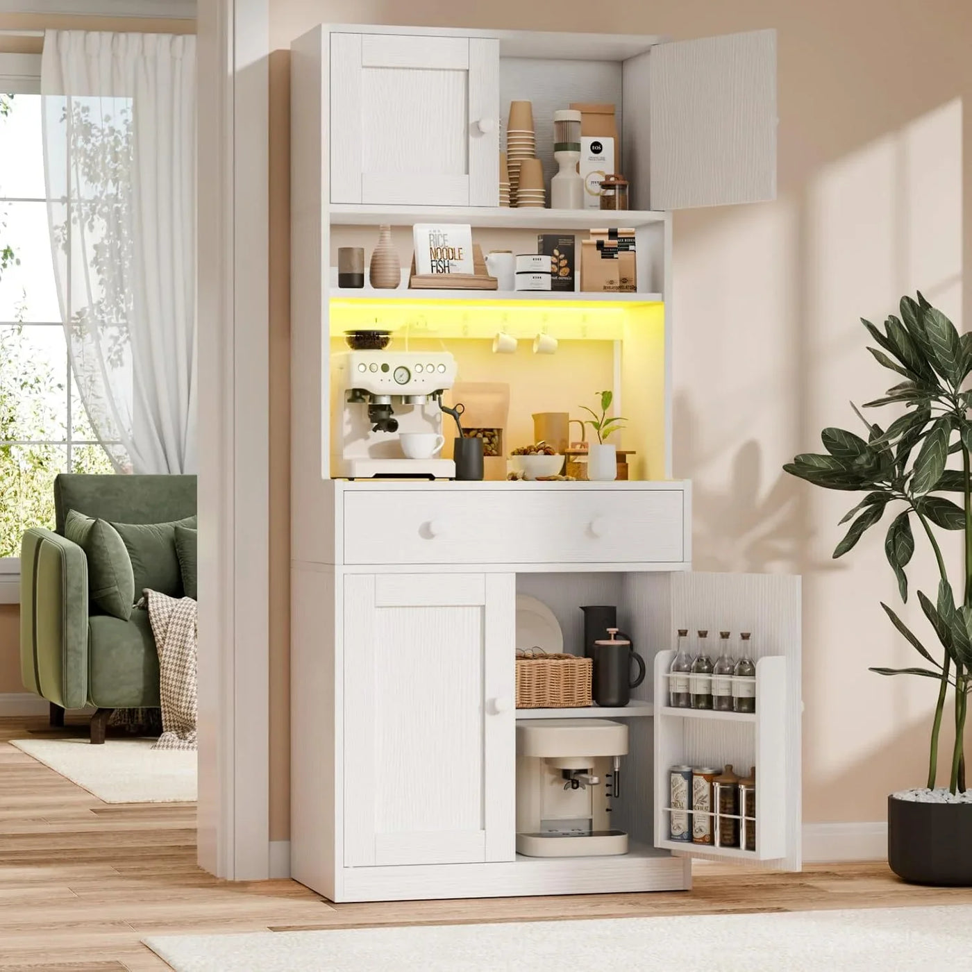 71" Tall Kitchen Pantry Storage Cabinet with Power Outlet & LED Light, Freestanding Food Pantry Cabinet with 4 Doors and Shelves, Cupboard with Drawer, Hutch with Microwave Stand, White