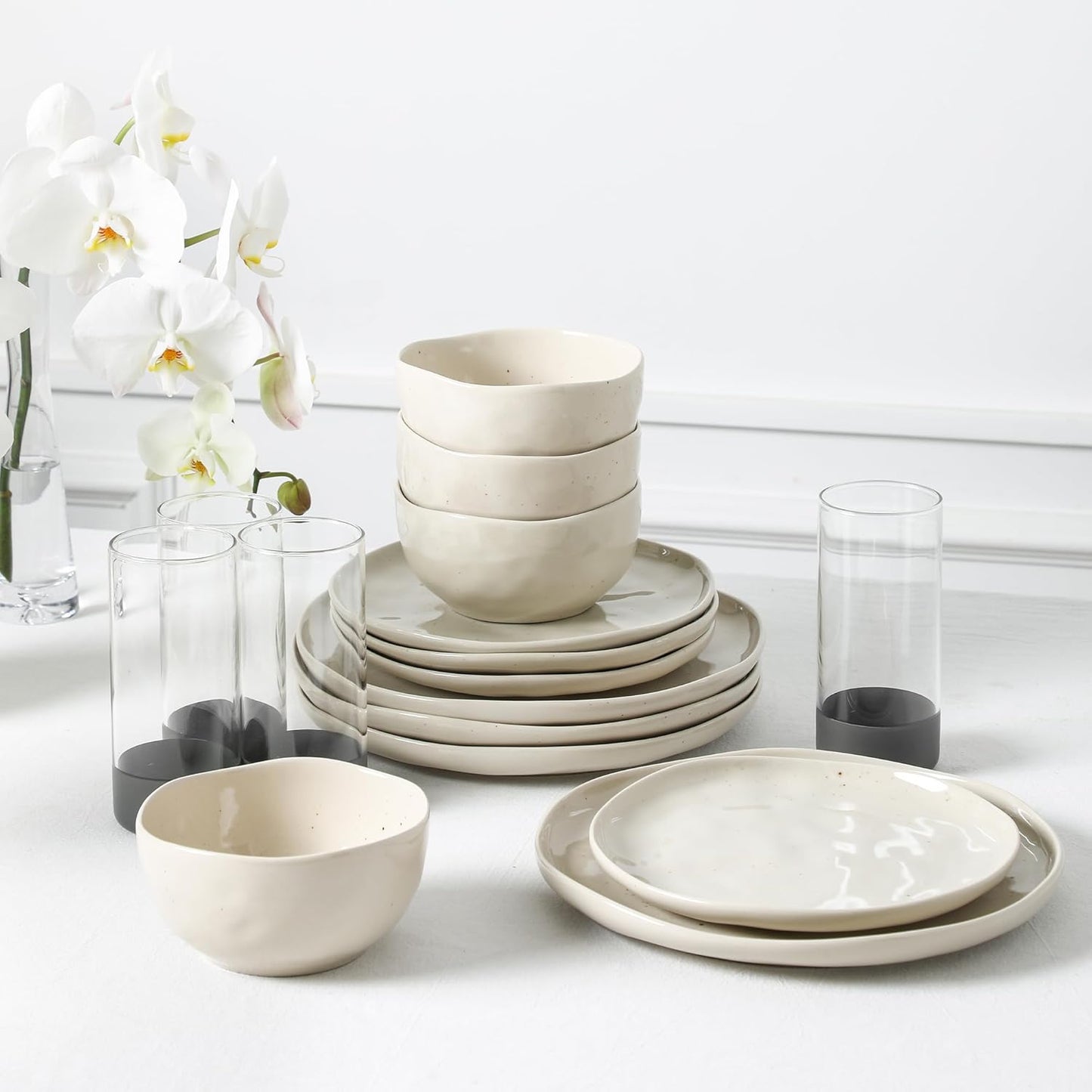 Mirella 16-Piece Dinnerware Set Stoneware, Borosilicate Glass, Beige