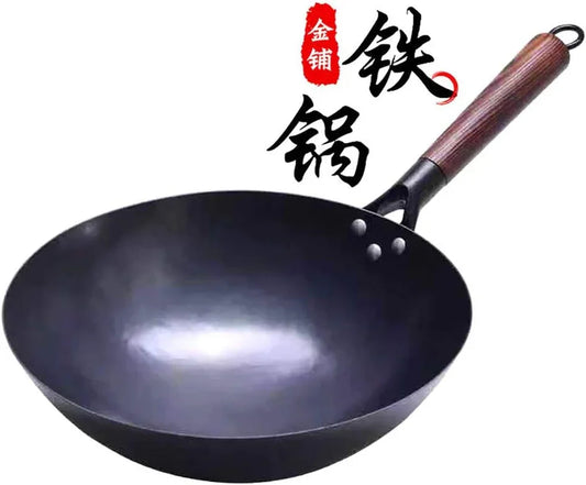 Chinese 100% Hand Hammered Iron Woks Stir Fry Pans, Non-Stick, No Coating, Less Oil, Black Seasoned Wooden Handle (Chef-12 Inch)