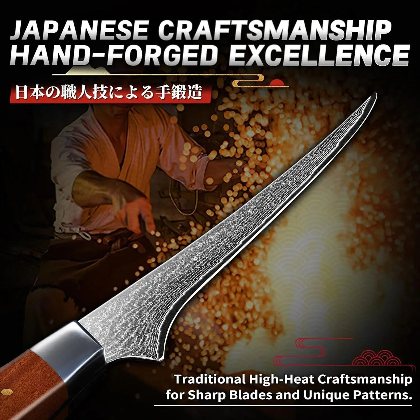 Damascus Fillet Knife 7 Inch - Professional VG-10 Super Sharp Boning Knife for Meat Poultry Chicken Cutting, Japanese Fish Knives with Ergonomic Wood Handle, Birthday Gifts for Men Women