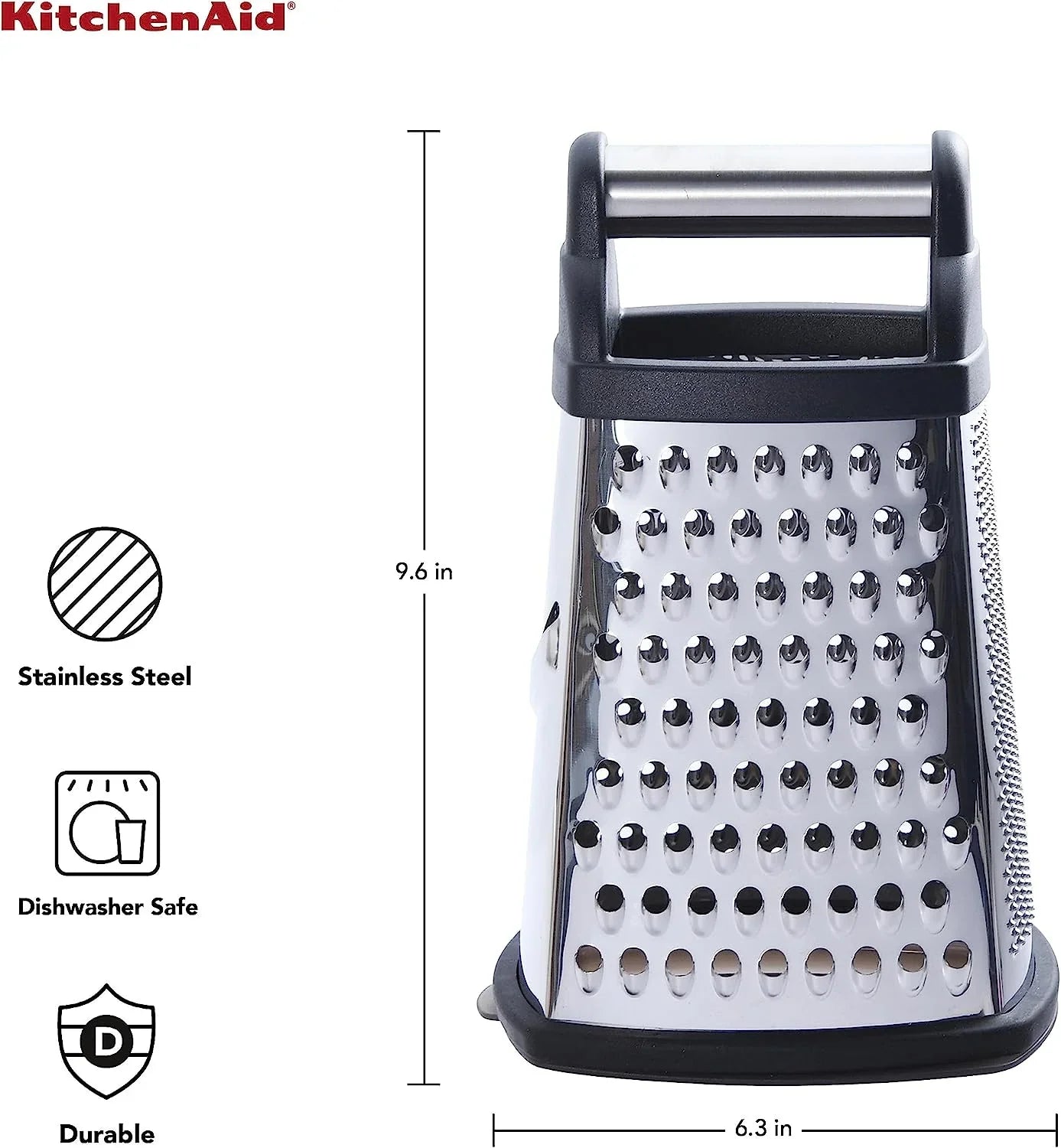 Gourmet 4-Sided Stainless Steel Box Grater for Fine, Medium and Coarse Grate, and Slicing, Detachable 3 Cup Storage Container and Measurment Markings, Dishwasher Safe, 10 Inches Tall, Black