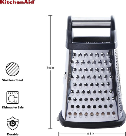 Gourmet 4-Sided Stainless Steel Box Grater for Fine, Medium and Coarse Grate, and Slicing, Detachable 3 Cup Storage Container and Measurment Markings, Dishwasher Safe, 10 Inches Tall, Black