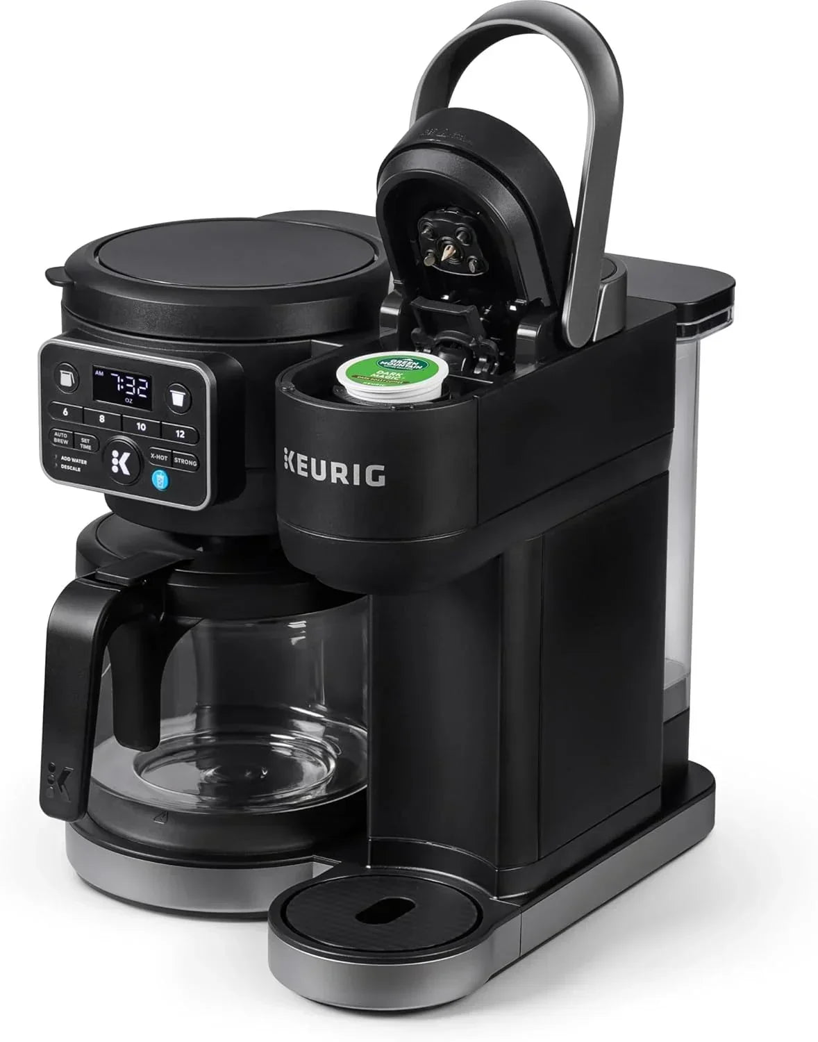 Keurig coffee maker with pod compartment open, digital display, and glass carafe for home kitchen use