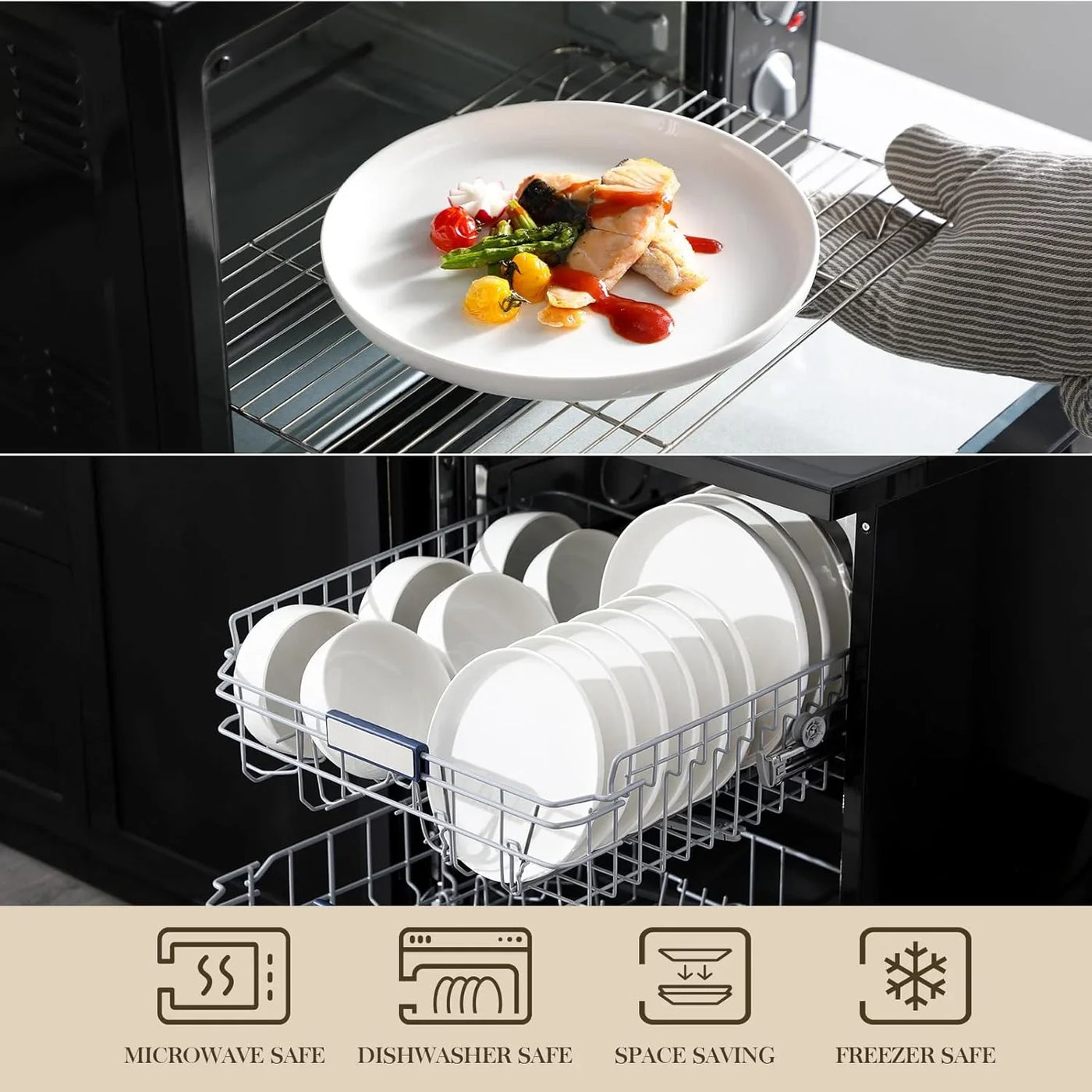 Plates and Bowls Sets, 18 Pieces Porcelain Dinnerware Sets Dishware Sets Chip Resistant Ceramic Dish Set Dining Dinner Ware Service for 6, White, Series LUNA