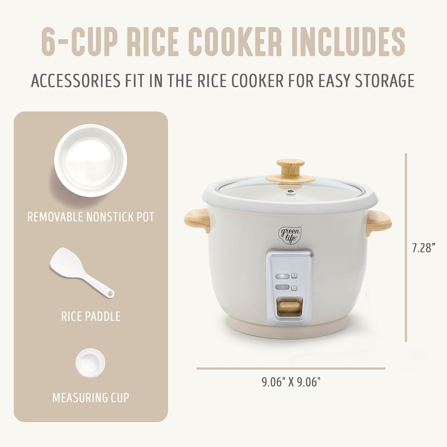 Rice Cooker with Removable Pfas-Free Ceramic Nonstick Pot, 3-Cups Uncooked/6-Cups Cooked, Grains & Oatmeal Multicooker, Compact One-Switch Design, Auto Keep Warm, Easy Clean, Cream