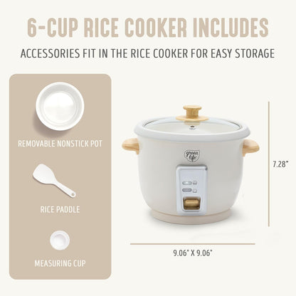 Rice Cooker with Removable Pfas-Free Ceramic Nonstick Pot, 3-Cups Uncooked/6-Cups Cooked, Grains & Oatmeal Multicooker, Compact One-Switch Design, Auto Keep Warm, Easy Clean, Cream