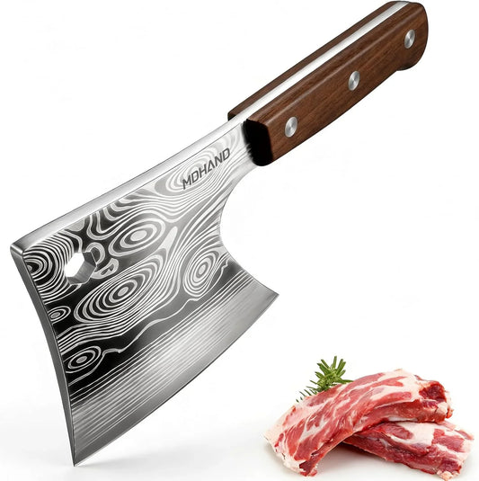 Meat Cleaver, Heavy Duty High Carbon Meat Bone Cleaver Knife for Meat Cutting, Full Tang Chopping Knife for Kitchen Outdoor BBQ Chirstmas Mother Father Gifts Idea Men Silver Gray