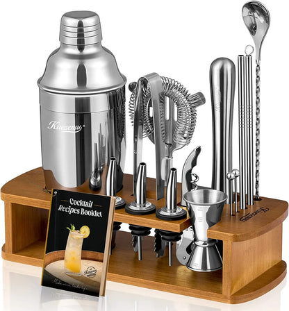 Cocktail Shaker Set Bartender Kit with Stand | Bar Set Drink Mixer Set with All Essential Accessory Tools: Martini Shaker, Jigger, Strainer, Mixer Spoon, Muddler, Liquor Pourers |Silver