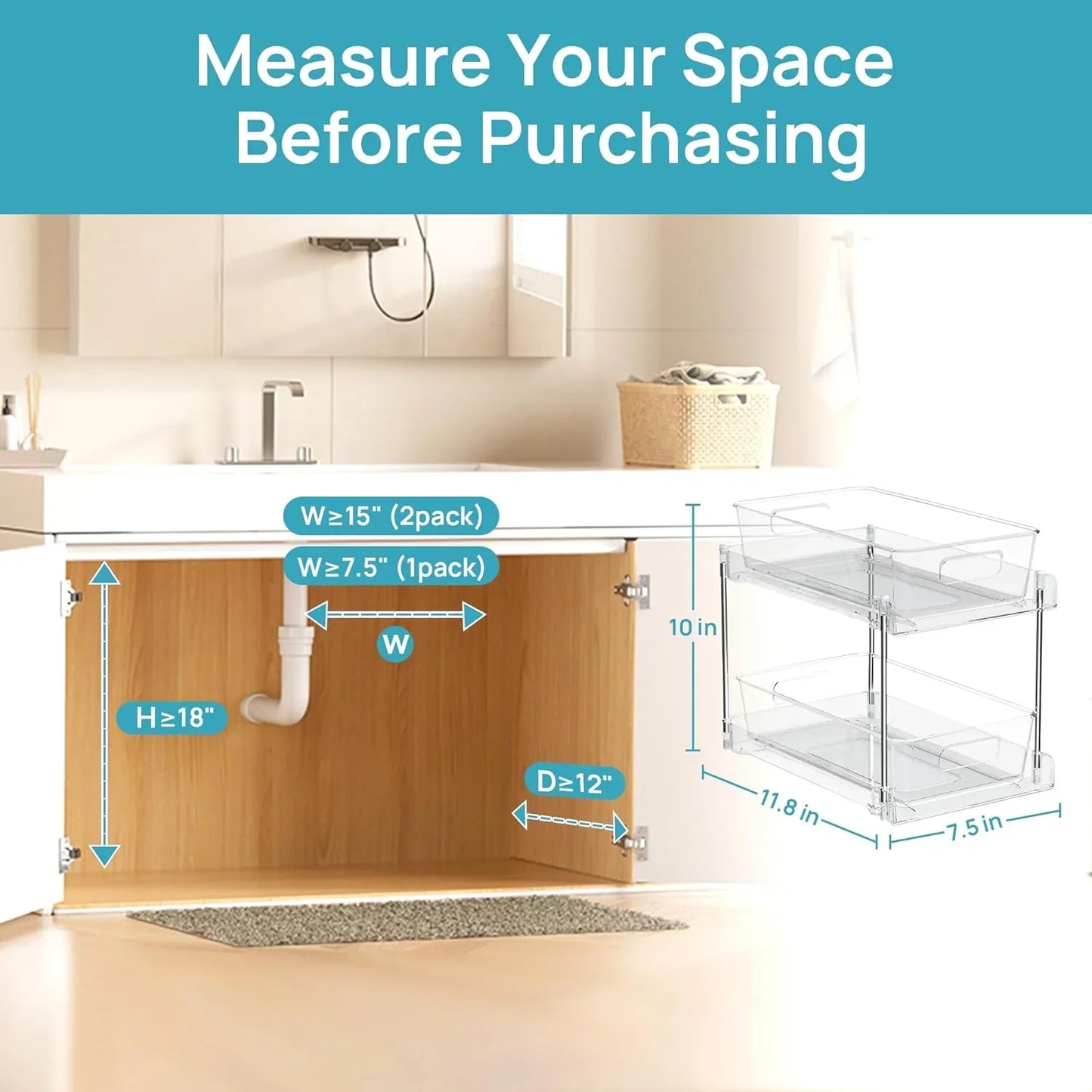 4 Pack Bathroom Organizer, 2 Tier Clear under Sink Organizers Vanity Countertop Storage Container,Cabinet Drawers Bins, Pull-Out Organization with Track for Pantry, Kitchen