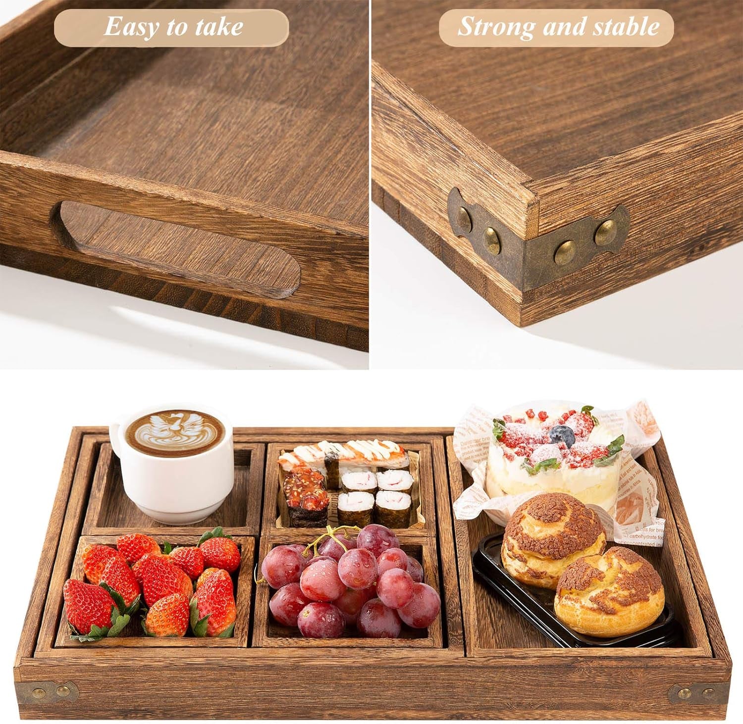 Rustic Wooden Serving Trays with Handle - Set of 7 Rectangular Platters for Entertaining, Breakfast, Coffee Table, Home Decor
