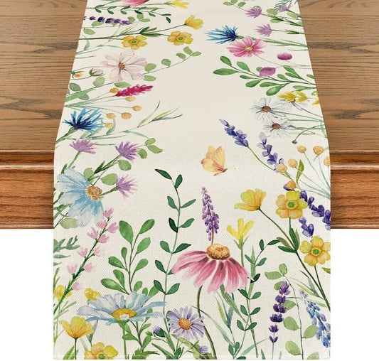 Daisy Eucalyptus Lavender Floral Leaves Summer Table Runner, Spring Kitchen Dining Table Decoration for Home Party Decor 13X72 Inch