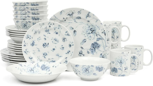 Empress Bouquet 30 Piece Decorated Porcelain Chip and Scratch Resistant Dinnerware Plates and Bowls Set - Blue Floral