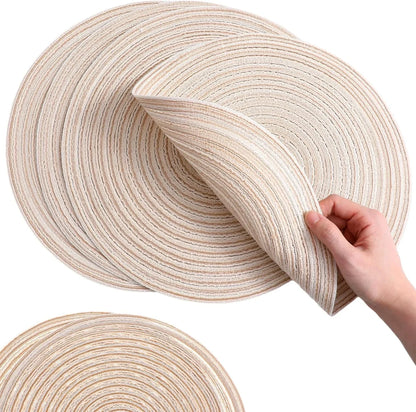 11.8In round Placemats Set of 4 Washable Boho Woven Circle Place Mats Plate Chargers Heat Resistant Non-Slip Braided Table Mat for Dining Tables Decor(Beige)