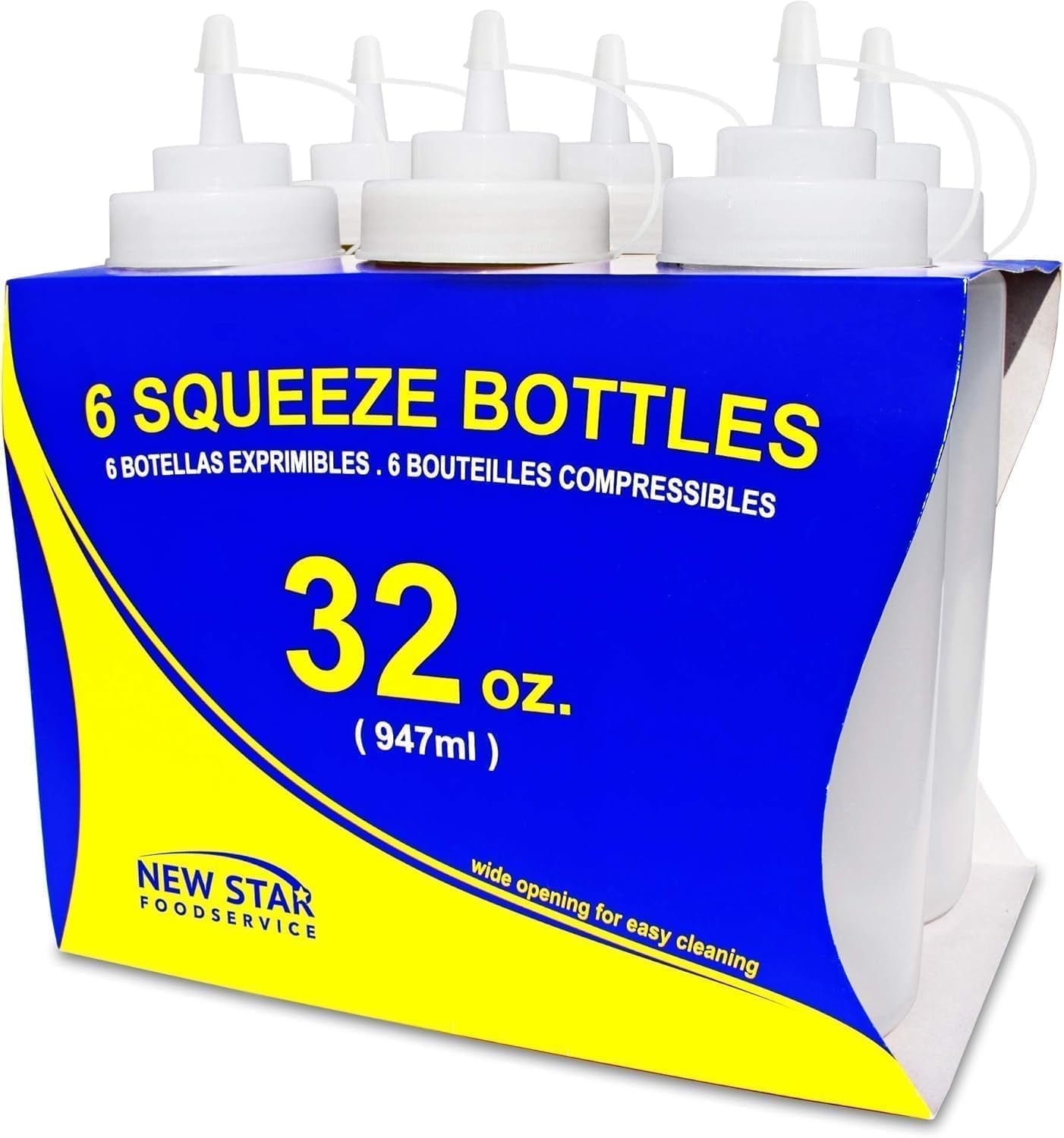 32 Oz Clear Squeeze Bottle, Wide Mouth, Pack of 6